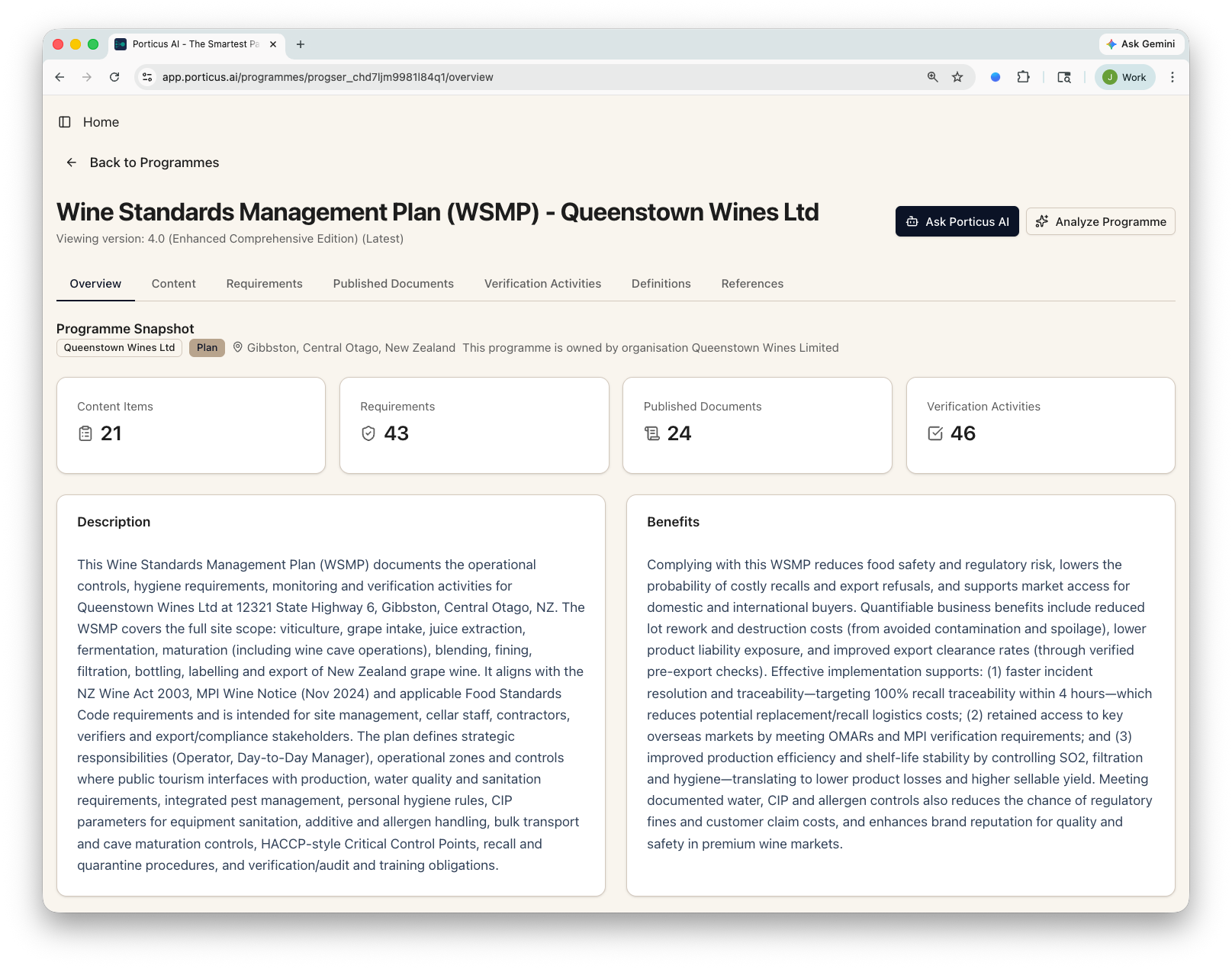 Porticus building a connected compliance program from uploaded procedures and requirements