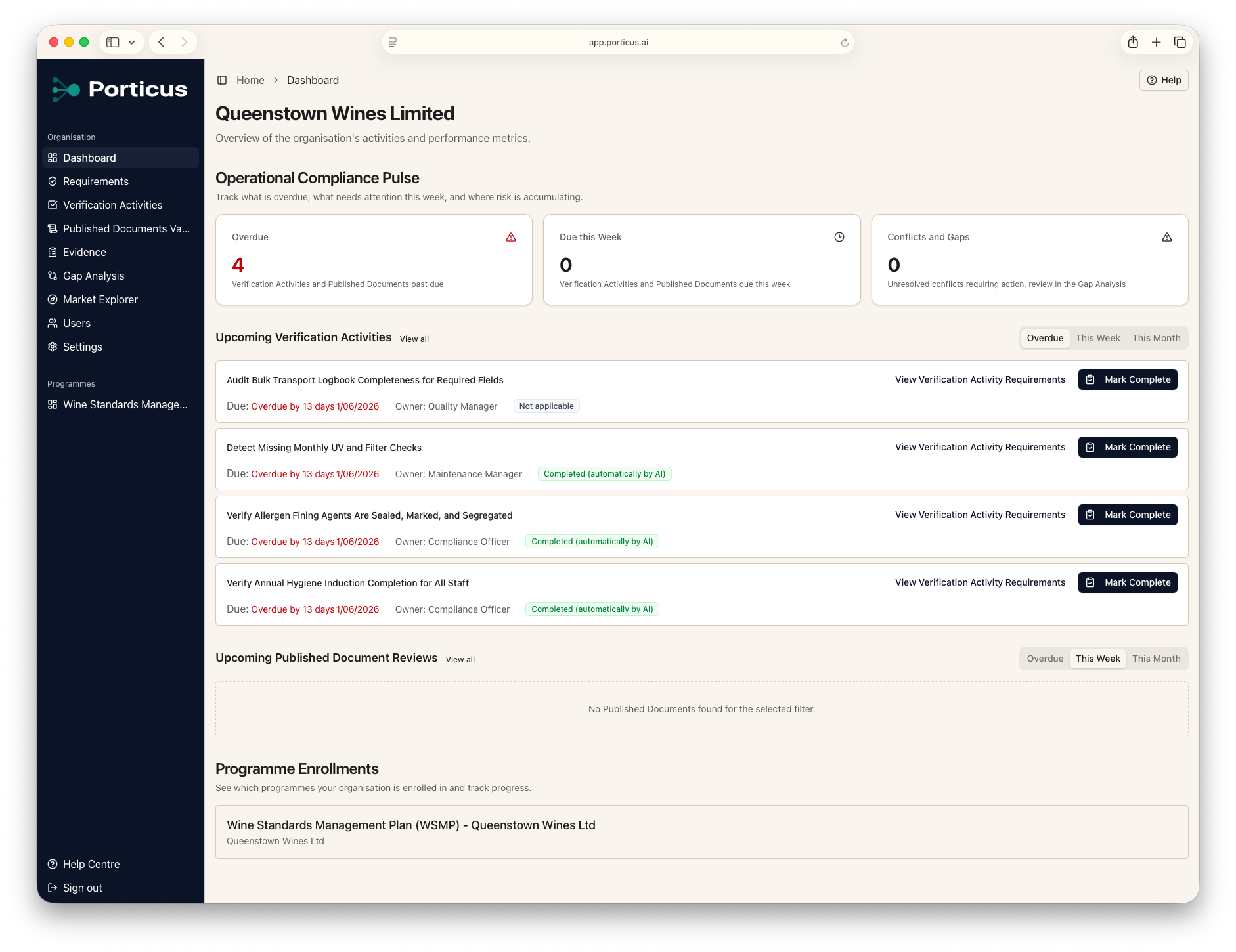 Program alignment view showing mapped requirements, reusable evidence, and remaining gaps